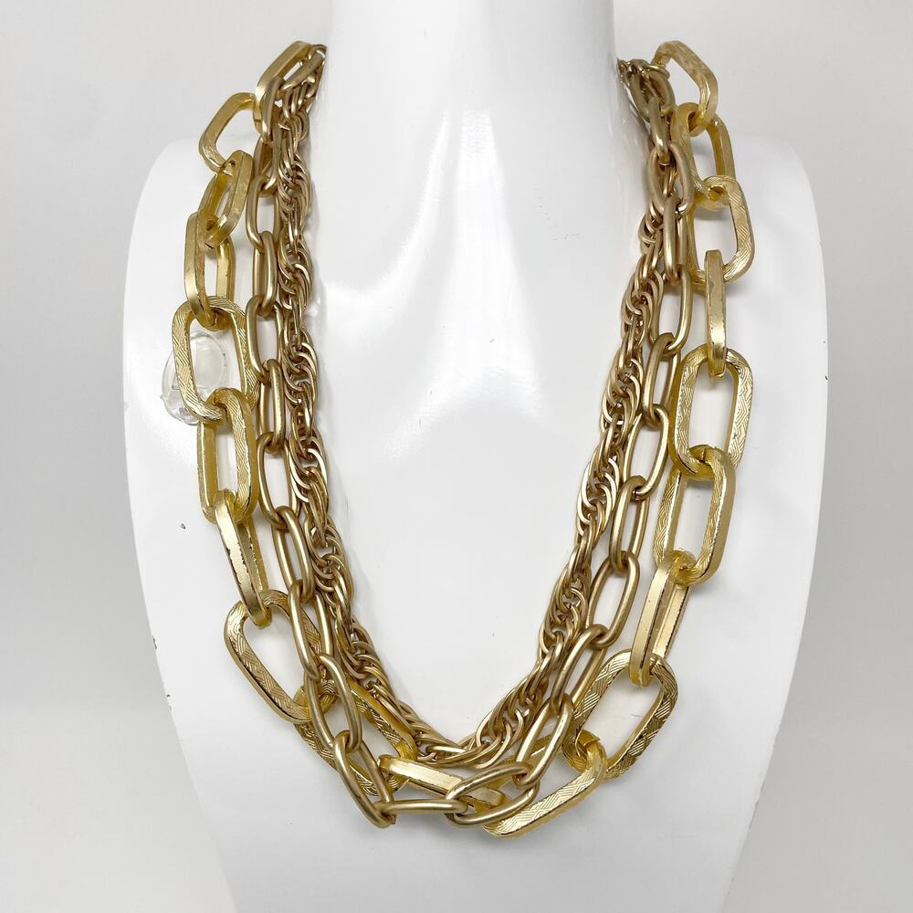 Modern Y2K Women's‎ Gold Tone Statement Chain Necklace 3 Strands 2000s Paperclip